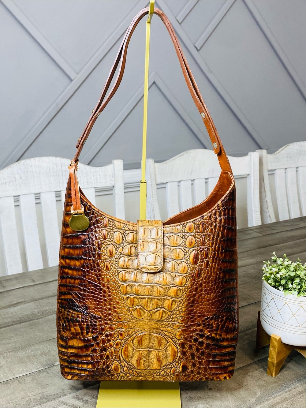Brahmin Toasted Almond Crocodile Embossed Leather Hobo Shoulder Bag Handbag